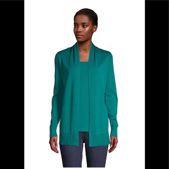 Lands End Cotton Open Long Cardigan Sweater Emerald Gulf Heather - Picture 1 of 1